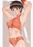  armpits arms_up blush brown_eyes brown_hair cameltoe dated gloves headband kasugano_sakura midriff navel open_mouth panties red_panties shiny shiny_skin short_hair solo sports_bra street_fighter toned underwear underwear_only zenkou 