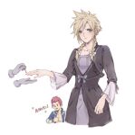  2boys blonde_hair blue_eyes blue_jacket blush bow bracelet braid clothes_grab cloud_strife commentary cropped_legs cropped_torso crossdressing dangle_earrings disembodied_limb dress earrings embarrassed final_fantasy final_fantasy_vii final_fantasy_vii_remake frilled_sleeves frills furrowed_brow grey_bow grey_dress hair_bow hand_up jacket jewelry johnny_(ff7) light_frown long_sleeves looking_at_another looking_to_the_side male_focus maoli45222137 mohawk multiple_boys nail_polish open_clothes open_jacket open_mouth painting_nails pink_nails red_hair short_hair_with_long_locks simple_background smile spiked_hair symbol-only_commentary thumbs_up translated twin_braids upper_body white_background white_bow 