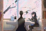  1girl 1other black_dress black_hair blue_ribbon book bookshelf cherry_blossoms dress hair_ribbon highres indoors instrument_case lamp long_sleeves mechanical_legs non-humanoid_robot open_book punishing:_gray_raven puyuyan reading ribbon robot selena_(punishing:_gray_raven) 