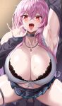  1girl absurdres arm_up armpits arms_behind_head arms_up biro-budou breasts fellatio_gesture gyaru handjob_gesture highres huge_breasts kogal large_breasts looking_at_viewer naughty_face ok_sign open_mouth oral_invitation original pink_hair presenting_armpit red_eyes saliva sexually_suggestive solo spread_armpit spread_legs squatting steaming_body sweat tongue tongue_out 