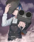  absurdres aiming_at_viewer arare_(kantai_collection) ashimaru backpack bag belt black_hair black_hat brown_eyes dress dress_shirt gun hat hat_over_one_eye highres kantai_collection pinafore_dress purple_background remodel_(kantai_collection) shirt smile smoke tagme weapon white_shirt 