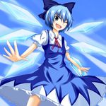  blue_eyes blue_hair bow cirno hair_bow ice ice_wings naba_(take_tonbo) one_eye_closed open_mouth short_hair solo touhou wings 