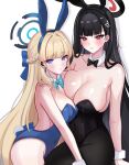  2girls animal_ears black_bow black_hair black_leotard black_pantyhose blonde_hair blue_archive blue_bow blue_eyes blue_hair blue_leotard blush borii bow breasts detached_collar fake_animal_ears fake_tail highres large_breasts leotard long_hair looking_at_viewer medium_breasts multicolored_hair multiple_girls official_alternate_costume open_mouth pantyhose playboy_bunny rabbit_ears rabbit_tail red_eyes rio_(blue_archive) simple_background strapless strapless_leotard streaked_hair tail toki_(blue_archive) toki_(bunny)_(blue_archive) white_background wrist_cuffs 