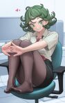  1girl absurdres barefoot black_pantyhose black_skirt chair full_body green_eyes grey_hair heart highres lentiyay looking_at_viewer necktie office_lady one-punch_man panties panty_peek pantyhose red_necktie sitting skirt smile solo tatsumaki underwear 