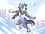 anthro australian_shepherd blue_merle canid canine canis domestic_dog evergreen_tree herding_dog kade_(savestate) male mammal pastoral_dog pine_tree plant savestate scarf sheepdog snow snowball solo spots tim_weeks tree