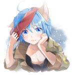  19670615t 1boy animal_ears blue_eyes blue_hair cat_ears claude_kenni closed_mouth collarbone cosplay headband highres jacket leon_geeste looking_at_viewer male_focus short_hair solo star_ocean star_ocean_the_second_story 