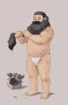  1boy bara beard belly brown_hair closed_eyes drying drying_clothes dungeon_meshi dwarf facial_hair fake_horns full_body helmet highres horned_helmet horns long_beard male_focus navel official_alternate_hairstyle plump professor_fluff senshi_(dungeon_meshi) solo standing thick_mustache topless_male unworn_headwear 