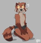 anthro blush bodily_fluids clothed clothing erection erection_under_clothing genital_fluids hi_res male mammal paws precum procyonid raccoon shy snout sodacaps solo tail underwear yellow_sclera