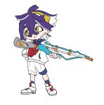  1boy alternate_species blue_socks commentary_request crossed_bangs full_body gloves gun hair_between_eyes hairband highres holding holding_gun holding_weapon jacket kieran_(pokemon) male_focus medium_hair nrsmkt_sgr octoling_boy octoling_player_character parted_lips pokemon pokemon_sv purple_hair red_gloves shoes shorts simple_background socks solo splatoon_(series) squiffer_(splatoon) standing teeth thick_eyebrows weapon white_background white_footwear white_jacket white_shorts yellow_hairband 