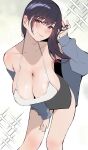  1girl adjusting_hair bare_shoulders black_hair black_skirt blue_eyes blue_jacket blush breasts camisole cleavage closed_mouth collarbone commentary_request hand_on_own_thigh hanging_breasts highres inushima jacket large_breasts leaning_forward long_hair looking_at_viewer mature_female mole mole_under_mouth multicolored_background off_shoulder original seductive_smile skirt smile solo sparkling_aura white_camisole 