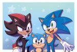 3boys angiethecat animal_ears blue_background dual_persona frown furry furry_male gloves gradient_background green_eyes highres multiple_boys open_mouth red_eyes shadow_the_hedgehog smile sonic_(series) sonic_the_hedgehog sonic_x_shadow_generations starry_background tail white_gloves 