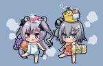  2girls azur_lane black_hair black_ribbon blue_background blue_eyes chibi crossed_bangs elbe_(azur_lane) fang grey_hair hair_bun hair_ornament hair_ribbon jade_(azur_lane) long_hair manjuu_(azur_lane) medium_hair micchi_(umatankita) multicolored_hair multiple_girls naked_towel purple_eyes ribbon simple_background single_hair_bun skin_fang smile soap soap_bottle soap_bubbles steam streaked_hair towel two_side_up x_hair_ornament 