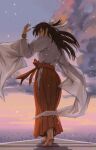  1girl barefoot black_hair bow cloud dawn from_behind full_body gradient_sky hakama hakama_skirt horizon iori_utahime japanese_clothes jujutsu_kaisen kimono long_hair long_sleeves looking_back miko morning outdoors red_hakama saltplains scar scar_on_face scar_on_nose scenery skirt sky white_bow white_kimono 