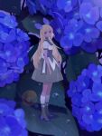  1girl animal_ears blonde_hair blue_flower breasts closed_mouth dress flower full_body highres hydrangea kneehighs leaf long_hair looking_at_viewer medium_breasts original purple_eyes purple_flower shoes short_sleeves socks solo standing very_long_hair vinoker water_drop white_socks 