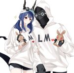  1girl 1other arknights baseball_cap black_gloves black_shorts blue_hair ch&#039;en_(arknights) clothes_writing commentary_request cowboy_shot doctor_(arknights) dragon_tail eyewear_on_headwear gloves hat heart highres holding holding_stuffed_toy hood hoodie lily0428 long_hair looking_at_viewer low_twintails red_eyes short_shorts shorts sidelocks simple_background standing stuffed_animal stuffed_rabbit stuffed_toy sunglasses tail twintails white_background white_headwear white_hoodie 