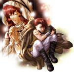  1boy 1girl black_footwear brown_cape cape closed_eyes fire_emblem fire_emblem:_mystery_of_the_emblem fire_emblem:_shadow_dragon_and_the_blade_of_light hood julian_(fire_emblem) lena_(fire_emblem) own_hands_together pants red_eyes red_hair sitting smile usachu_now white_hood white_pants zoom_layer 