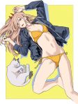  bikini breasts brown_hair cat chainsaw_man fang highres hood hoodie horns long_hair medium_breasts navel open_mouth power_(chainsaw_man) shiren_(ourboy83) simple_background swimsuit thighs 