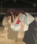  2girls absurdres arms_around_neck black_skirt blonde_hair blurry blurry_background bow bowtie brown_hair closed_eyes commentary dishwashingrat hand_on_another&#039;s_back highres kiss long_hair multiple_girls pleated_skirt red_bow red_bowtie saijou_claudine school_uniform shirt shirt_tucked_in short_sleeves shoujo_kageki_revue_starlight skirt symbol-only_commentary tendou_maya white_shirt 