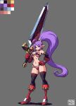  1girl bikini breasts earrings elbow_gloves full_body gloves hand_on_own_hip high_heels highres holding holding_sword holding_weapon huge_weapon jewelry large_breasts long_hair mabius navel original pixel_art pointy_ears ponytail purple_hair red_bikini red_eyes red_gloves simple_background solo standing swimsuit sword thighhighs very_long_hair weapon 