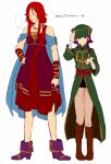  1boy 1girl bandaged_arm bandages boots coin cosplay costume_switch crossdressing fire_emblem fire_emblem:_the_sacred_stones holding holding_coin joshua_(fire_emblem) joshua_(fire_emblem)_(cosplay) knee_boots leather leather_boots lute_(fire_emblem) lute_(fire_emblem)_(cosplay) purple_hair red_hair saichi_(meme+) translation_request 