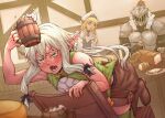  1boy 2girls alcohol armor armpits black_bow blonde_hair blush body_blush bow bread brown_footwear brown_shorts chair chuckuddin cup drunk elf food full-face_blush goblin_slayer goblin_slayer! green_eyes grey_hair hair_bow helmet high_elf_archer_(goblin_slayer!) highres holding holding_cup kneeling long_hair multiple_girls open_mouth pointy_ears priestess_(goblin_slayer!) shirt shorts sleeveless sleeveless_shirt tavern wooden_cup 