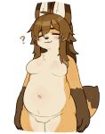 2024 anthro belly blush breasts brown_body brown_fur brown_hair canid canine dipstick_ears dipstick_tail eyes_closed featureless_breasts featureless_crotch female female_anthro fluffy fluffy_tail fox fur gloves_(marking) hair hi_res inner_ear_fluff kemono long_hair mammal markings medium_breasts mofuaki multicolored_ears navel neck_tuft overweight overweight_anthro overweight_female pear-shaped_figure portrait question_mark simple_background snout solo standing tail tail_markings three-quarter_portrait tuft white_background wide_hips