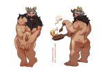  1boy arts_of_indiego ass bara beard brown_hair completely_nude covering_another&#039;s_crotch dungeon_meshi dwarf facial_hair fake_horns frying_pan full_body helmet highres horned_helmet horns long_beard male_focus multiple_views muscular muscular_male nipples nude scar scar_on_ass senshi_(dungeon_meshi) standing strongman_waist thick_mustache thick_thighs thighs very_long_beard 