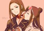  2girls ace_attorney black_jacket brown_hair coat ema_skye ema_skye_(aa1) eyewear_on_head green_eyes hair_bun holding holding_notepad holding_pen jacket lab_coat lana_skye long_hair looking_at_another multiple_girls notepad pen phoenix_wright:_ace_attorney rat_nkmi red_scarf scarf siblings single_hair_bun sisters smile sunglasses teeth twitter_username upper_body white_coat 