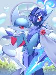  alternate_color artist_name cape ceruledge closed_mouth colored_skin commentary diviously english_commentary gallade grass heart highres pokemon pokemon_(creature) red_eyes shiny_pokemon smile standing white_cape white_skin window 