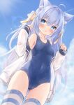  1girl absurdres animal_ear_fluff animal_ears ass_visible_through_thighs blue_eyes blue_hair blue_one-piece_swimsuit blue_thighhighs blush breasts cameltoe cat_ears cat_girl cat_tail collarbone commentary_request covered_navel cowboy_shot dutch_angle groin hair_between_eyes hair_ribbon highres jacket long_hair long_sleeves looking_at_viewer mochizuki_riku one-piece_swimsuit original parted_lips petite ribbon school_swimsuit sleeves_past_wrists small_breasts solo striped_clothes striped_thighhighs swimsuit tail thighhighs two_side_up white_jacket yellow_ribbon 