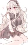  1girl bare_arms bare_shoulders barefoot between_legs black_dress black_hairband blush breasts brown_hair closed_mouth collared_dress corrin_(female)_(fire_emblem) corrin_(fire_emblem) dress feet_out_of_frame fire_emblem fire_emblem_fates hair_between_eyes hairband hand_between_legs heart highres kirishima_riona long_hair looking_at_viewer medium_breasts red_eyes simple_background sitting sketch sleeveless sleeveless_dress smile solo very_long_hair wariza white_background 