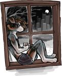 anthro biped canid canine canis clothed clothing domestic_dog eyewear floppy_ears fur glasses hair holding_object jam_(artist) male mammal solo topless topless_anthro topless_male window