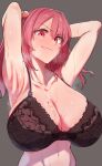  1girl absurdres armpits arms_up black_bra blush bra breasts cleavage collarbone doyagao highres huge_breasts lace-trimmed_bra lace_trim linea_alba looking_at_viewer mole mole_on_breast navel nose_blush onozuka_komachi presenting_armpit red_eyes red_hair simple_background smile smug solo sotatsudraw steaming_body stomach sweat touhou underwear upper_body 
