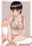  ayumu_(zenkou) blush breasts brown_eyes brown_hair cleavage covered_nipples large_breasts original panties partially_visible_vulva see-through shiny shiny_clothes short_hair sitting socks solo sports_bra spread_legs thong underwear underwear_only white_legwear zenkou 