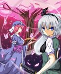  blue_eyes bug butterfly cherry_blossoms closed_eyes insect katana konpaku_youmu konpaku_youmu_(ghost) multiple_girls naba_(take_tonbo) petals pink_hair saigyouji_yuyuko sheath sheathed silver_hair sword touhou weapon 