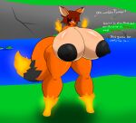 anthro big_breasts big_butt black_nipples breasts brown_hair butt casual_nudity female fire flaming_tail fox_tail foxparks fur hair hi_res huge_breasts nipples nude orange_body orange_fur pal_(species) palworld pocketpair smug smug_face solo tail text ultrazeta120
