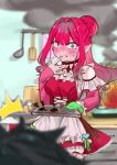 1boy 1girl :t baking_sheet baobhan_sith_(fate) blurry blurry_background blush breasts burnt_food caught cookie detached_sleeves dress ear_blush eating embarrassed fate/grand_order fate_(series) fire food food_on_face frilled_dress frills fujimaru_ritsuka_(male) grey_eyes hair_bun hand_up heart heart-shaped_cookie highres holding holding_tray kitchen long_hair out_of_frame oven_mitts pink_hair pointy_ears red_dress sidelocks smoke solo_focus surprised tray ui_3138 wide-eyed 