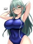  1girl aqua_hair arms_behind_head blush breasts competition_swimsuit dated green_hair hair_between_eyes hair_ornament hairclip highres kantai_collection large_breasts long_hair looking_at_viewer montemasa one-piece_swimsuit signature simple_background solo suzuya_(kancolle) swimsuit thighhighs upper_body white_background 