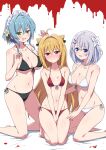  3girls absurdres ahoge aqua_hair bare_arms between_legs bikini black_bikini blonde_hair blue_eyes blush breasts cleavage closed_mouth collarbone commentary_request drooling eggman_(pixiv28975023) embarrassed green_eyes grey_hair hair_ornament hairclip hand_between_legs highres hikikomari_kyuuketsuki_no_monmon horns kneeling large_breasts long_hair maid_headdress medium_hair mouth_drool multiple_girls navel nose_blush open_mouth red_bikini red_eyes sakuna_memoire side-tie_bikini_bottom sidelocks small_breasts smile sweatdrop swimsuit terakomari_gandezblood underboob villhaze white_background 