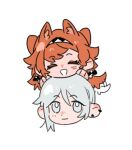  2girls animal_ears chibi closed_eyes closed_mouth commentary_request dog_ears dog_tail ear_piercing freckles grey_eyes grey_hair kemonomimi_mode lowres molu_stranger multiple_girls open_mouth orange_hair piercing reverse:1999 simple_background smile sonetto_(reverse:1999) tail tail_wagging two_side_up vertin_(reverse:1999) white_background 