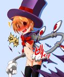  1girl animalorb_kirin black_eyes blue_background blush bottomless breasts drop_shadow embarrassed gloves hat highres mechanical_arms navel nipples orange_hair peacock_(skullgirls) red_eyes ribbon sharp_teeth short_hair simple_background skullgirls small_breasts solo teeth thighhighs top_hat torn_clothes 