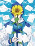  1boy arm_at_side blue_coat blue_hair blue_nails blue_scarf blue_sky bubble chromatic_aberration closed_mouth cloud cloudy_sky coat confetti crying dark_blue_hair day envelope fingernails flower flower_over_eyes heart high_collar highres holding holding_flower kaito_(vocaloid) leaf letter male_focus multicolored_coat outdoors parted_bangs samecan scarf single_horizontal_stripe sky smile standing streaming_tears sunflower tears too_many too_many_letters two-tone_coat upper_body vocaloid white_coat yellow_flower 