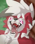 ambiguous_gender anthro arkailart biped canid canine digital_drawing_(artwork) digital_media_(artwork) fur generation_7_pokemon hi_res lycanroc mammal mouth_shot nintendo object_ingestion object_vore open_mouth oral_vore pokeball pokeball_in_mouth pokemon pokemon_(species) solo swallowing_pokeball tongue tongue_out vore white_body white_fur