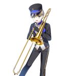  1boy :d alternate_hair_color band_uniform black_gloves black_headwear black_jacket black_pants blonde_hair buttons closers collared_jacket double-breasted feet_out_of_frame gloves green_eyes hand_up hat high_collar highres holding holding_instrument holding_trombone instrument jacket leaning_forward legs_apart long_sleeves looking_at_viewer looking_to_the_side male_focus marching_band mistilteinn_(closers) official_art pants shako_cap short_hair single_vertical_stripe smile solo standing teeth trombone uniform upper_teeth_only white_background 