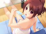  arm_support bangs bare_legs bare_shoulders barefoot breasts brown_hair chemise downblouse food frills game_cg hair_ornament hairclip looking_at_viewer looking_back mebae_(game) nipple_slip nipples no_bra nonohara_miki open_mouth popsicle red_eyes sakura_anna short_ponytail small_breasts solo strap_slip tongue 