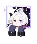  1girl beko_(beco_1122) black_coat black_horns blue_archive blush closed_mouth coat demon_horns fur-trimmed_coat fur_trim halo highres hina_(blue_archive) horns long_hair multiple_horns purple_eyes simple_background sleeves_past_fingers sleeves_past_wrists solo twitter_username white_background white_hair 