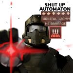 1other absurdres ambiguous_gender armor biden_blast_(meme) blurry blurry_foreground commentary english_commentary english_text full_armor gameplay_mechanics glowing hand_up helldivers_(series) highres looking_at_viewer meme neitheyagi other_focus power_armor simple_background solo straight-on upper_body white_background 