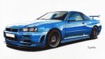  absurdres artist_name car colored_pencil_(medium) highres miyabi_asou motor_vehicle nissan nissan_skyline nissan_skyline_gt-r nissan_skyline_r34 no_humans original realistic shadow spoiler_(automobile) sports_car traditional_media vehicle_focus 