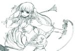  1girl breasts cleavage feena_(grandia) grandia grandia_i greyscale hair_ornament hair_tubes holding holding_weapon holding_whip jewelry long_hair looking_at_viewer low-tied_long_hair midriff monochrome murata_tefu navel necklace simple_background skirt smile solo weapon white_background wide_sleeves 