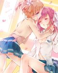  bad_id bad_pixiv_id blue_eyes blush breasts brown_hair cherry_blossoms cleavage closed_eyes medium_breasts multiple_girls navel pink_hair sakura_trick school_uniform sonoda_yuu takayama_haruka tukino_(panna) yuri 